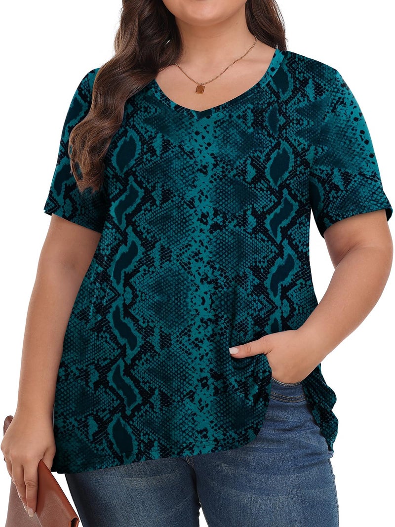 Tencede Womens Plus Size Tops Short Sleeve Tunic Shirts V Neck Summer Floral Loose Fit Blouse Green Snake Skin 3X - Image 3