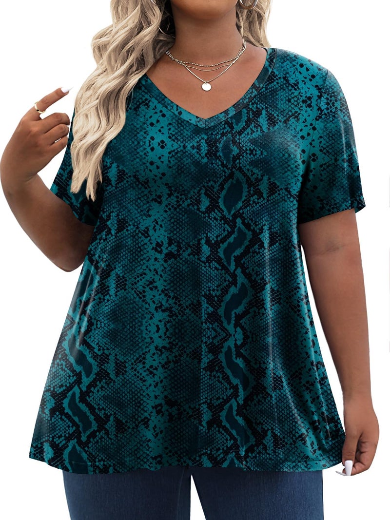 Tencede Womens Plus Size Tops Short Sleeve Tunic Shirts V Neck Summer Floral Loose Fit Blouse Green Snake Skin 3X - Image 1