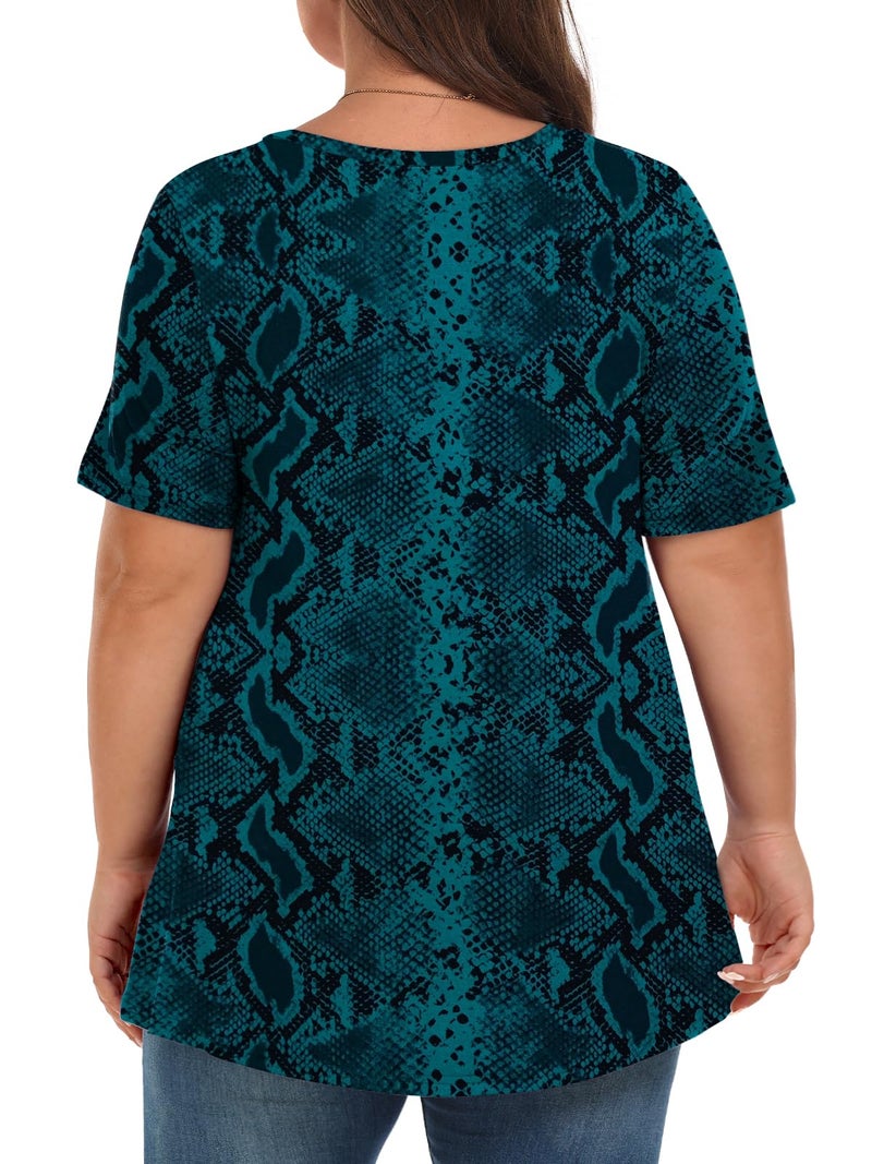 Tencede Womens Plus Size Tops Short Sleeve Tunic Shirts V Neck Summer Floral Loose Fit Blouse Green Snake Skin 3X - Image 4