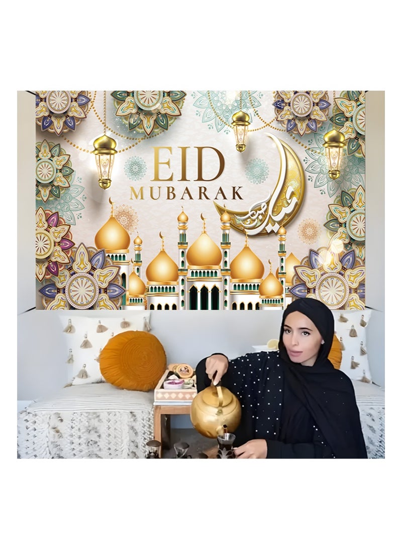 Aikanbo Ramadan Party Backdrop Banner,Islamic Eid Mubarak Backdrop Banner 70.8 x 43.3inch/180 x 110cm,Muslim Ramadan Banner for Eid Mubarak Indoor Decorations,Eid Mubarak Fabric Backdrop for Eid Celebration,Islamic Home Decor Background - Image 3