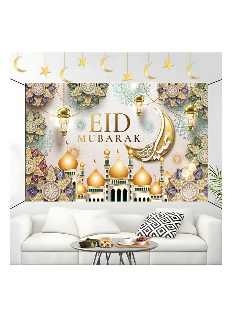 Aikanbo Ramadan Party Backdrop Banner,Islamic Eid Mubarak Backdrop Banner 70.8 x 43.3inch/180 x 110cm,Muslim Ramadan Banner for Eid Mubarak Indoor Decorations,Eid Mubarak Fabric Backdrop for Eid Celebration,Islamic Home Decor Background - Image 5