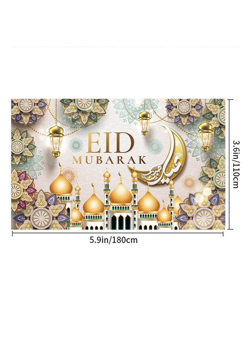 Aikanbo Ramadan Party Backdrop Banner,Islamic Eid Mubarak Backdrop Banner 70.8 x 43.3inch/180 x 110cm,Muslim Ramadan Banner for Eid Mubarak Indoor Decorations,Eid Mubarak Fabric Backdrop for Eid Celebration,Islamic Home Decor Background - Image 2