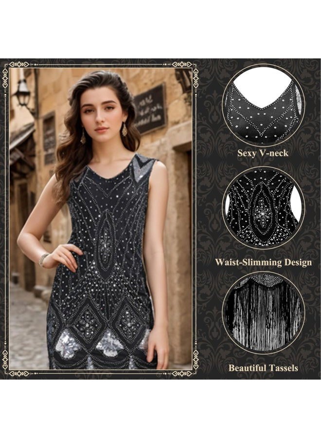 PLULON 1920s Flapper Dress with Sequins and Fringe and 20s Accessories Set (Black and Splitter) - Image 3