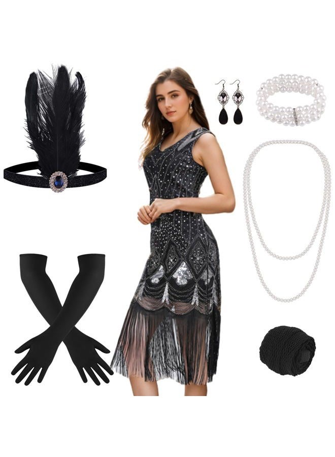 PLULON 1920s Flapper Dress with Sequins and Fringe and 20s Accessories Set (Black and Splitter) - Image 1