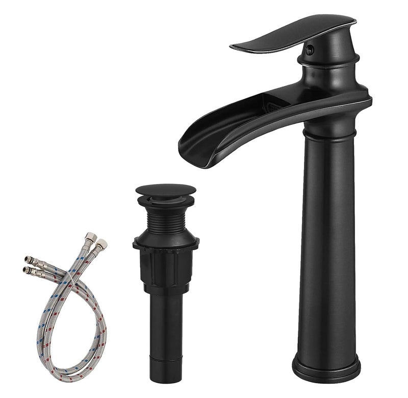 BWE Vessel Sink Faucet Waterfall Matte Black Bathroom Faucets Single Hole Single Handle Bathroom Sink Faucet Tall Vessel Faucet with Pop Up Drain and Water Supply Line