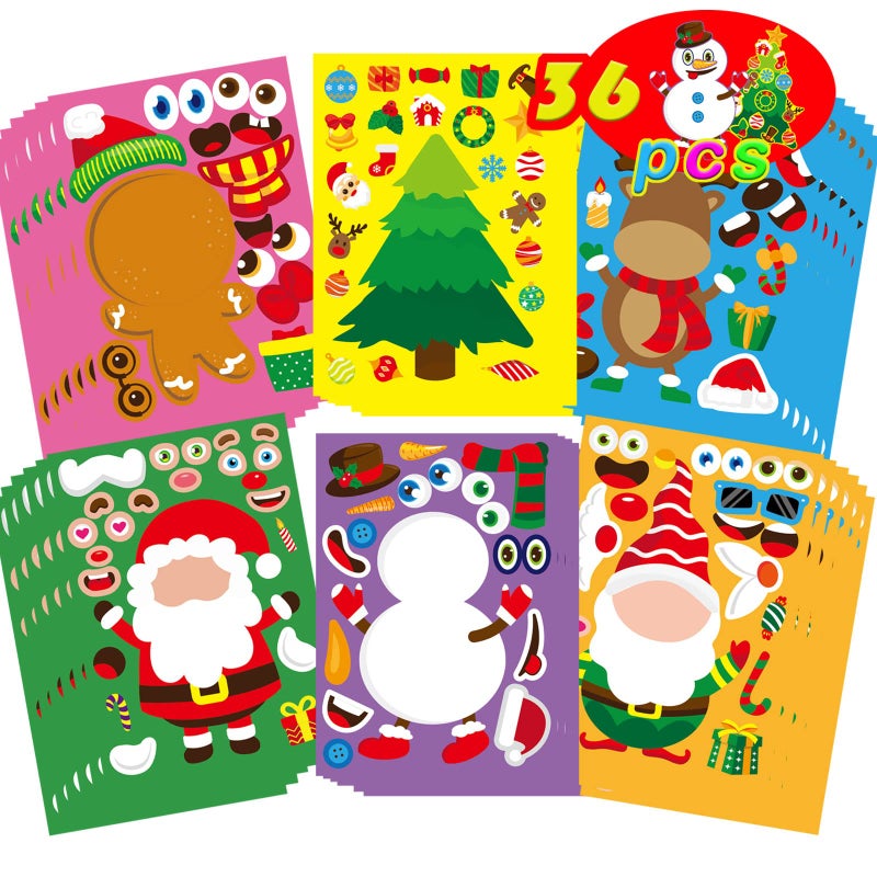 DUJAA 36 Sheets Christmas Stickers for Kids  Make a Face Stickers  Christmas Santa Snowman Reindeer Elf Holiday Party Favors