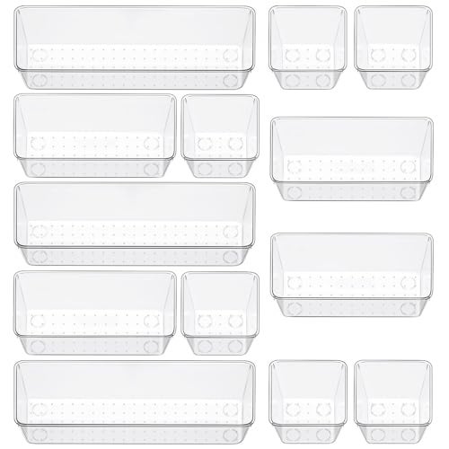 Freshmage 12 Piece Clear Drawer Organizer Set 3 Sizes Bathroom Vanity Organizer Trays and Storage Bins for Makeup Cosmetics Jewelry and Gadgets Perfect for Office Kitchen Bedroom Bathroom Use - Image 1