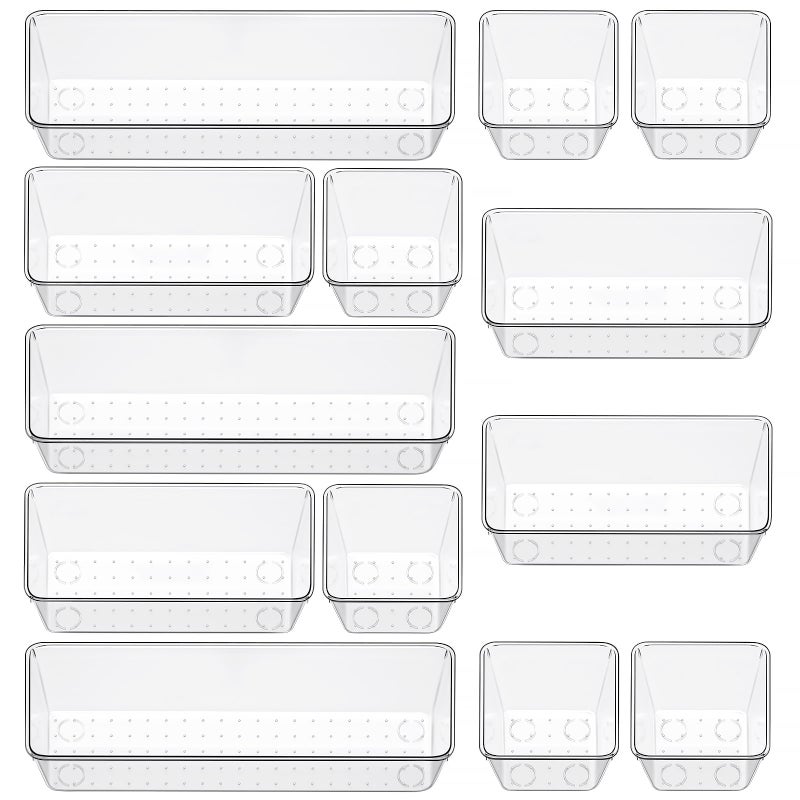 Freshmage 12 Piece Clear Drawer Organizer Set 3 Sizes Bathroom Vanity Organizer Trays and Storage Bins for Makeup Cosmetics Jewelry and Gadgets Perfect for Office Kitchen Bedroom Bathroom Use - Image 2