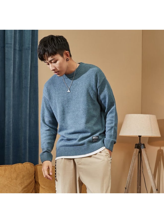 Tonlion Multi-wear Sweater Men Solid Color Basic Versatile Crew Neck Knitwear Mist Blue XL - Image 3