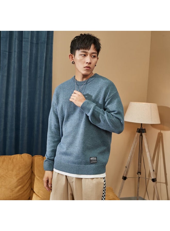 Tonlion Multi-wear Sweater Men Solid Color Basic Versatile Crew Neck Knitwear Mist Blue XL - Image 2