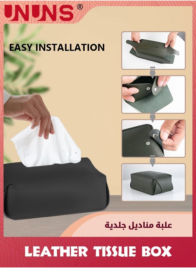 UNUNS حامل غطاء علبة مناديل جلدي، حامل علبة مناديل مستطيل قابل للطي لغرفة المعيشة وغرفة النوم والمكتب وديكورات المنزل وغطاء علبة مناديل للسيارة، أسود  - Image 2