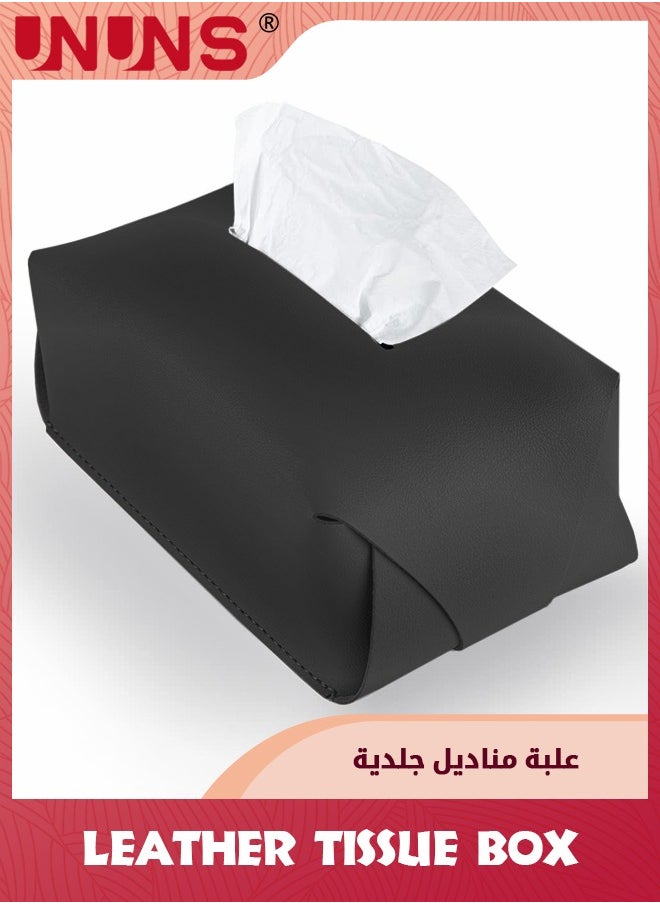 UNUNS حامل غطاء علبة مناديل جلدي، حامل علبة مناديل مستطيل قابل للطي لغرفة المعيشة وغرفة النوم والمكتب وديكورات المنزل وغطاء علبة مناديل للسيارة، أسود  - Image 1