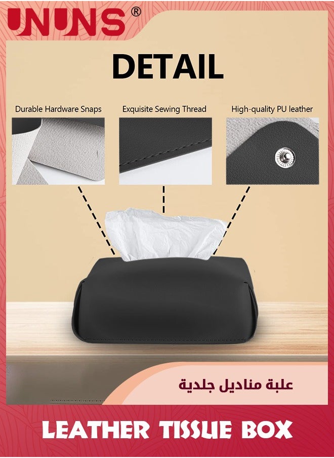 UNUNS حامل غطاء علبة مناديل جلدي، حامل علبة مناديل مستطيل قابل للطي لغرفة المعيشة وغرفة النوم والمكتب وديكورات المنزل وغطاء علبة مناديل للسيارة، أسود  - Image 5