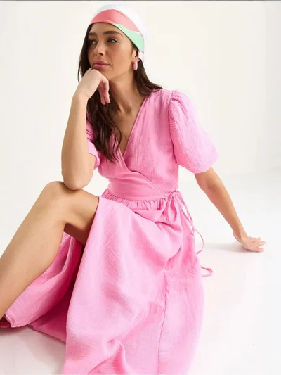 Bianco Lucci LUCCI Textured V-neck Midi Dress with Wrap Closure