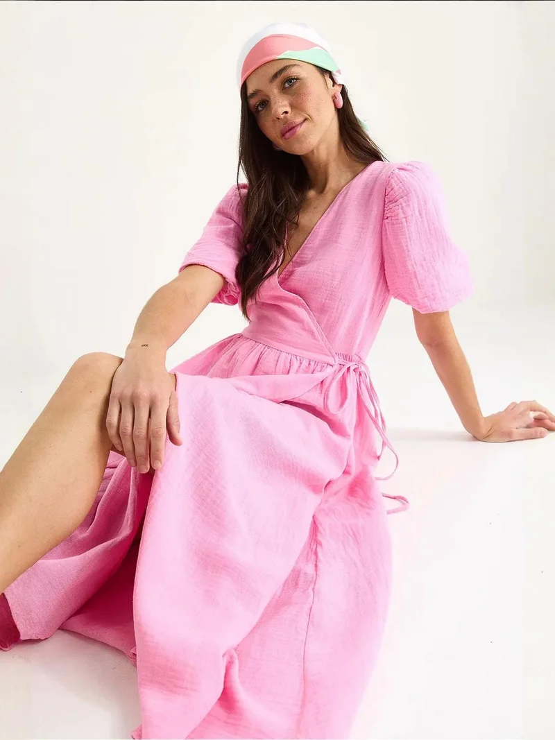 Bianco Lucci LUCCI Textured V-neck Midi Dress with Wrap Closure