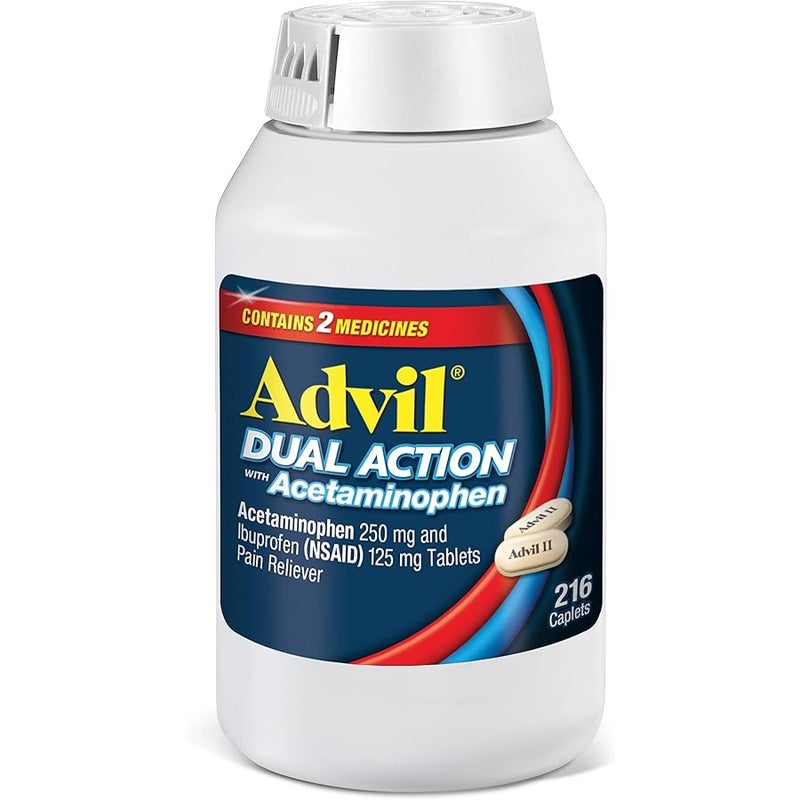 Advil Dual Action Coated Caplets with Acetaminophen, 250 Mg Ibuprofen and 500 Mg Acetaminophen Per Dose (2 Dose Equivalent) for 8 Hour Pain Relief - 216 Count - Image 1