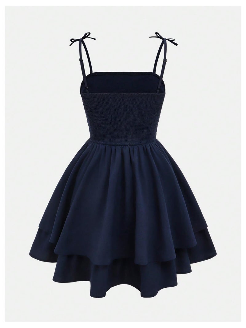 SHENHE Girl's Smocked Ruched A Line Swing Dress Layered Tie Shoulder Flowy Cami Short Dress Dark Blue 13 Years - Image 2