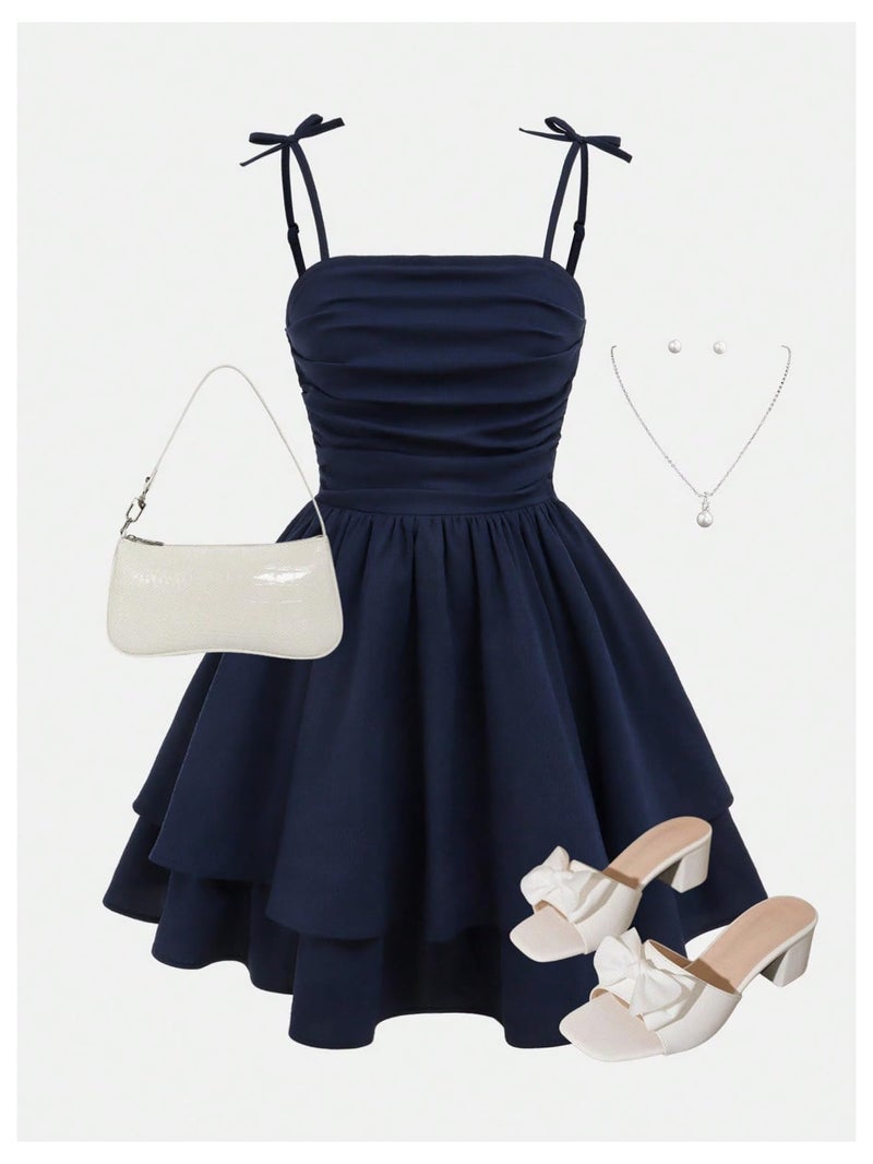 SHENHE Girl's Smocked Ruched A Line Swing Dress Layered Tie Shoulder Flowy Cami Short Dress Dark Blue 13 Years - Image 5