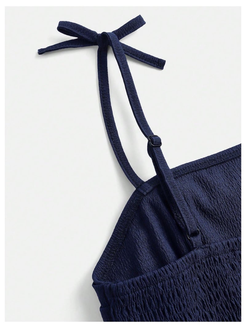 SHENHE Girl's Smocked Ruched A Line Swing Dress Layered Tie Shoulder Flowy Cami Short Dress Dark Blue 13 Years - Image 3