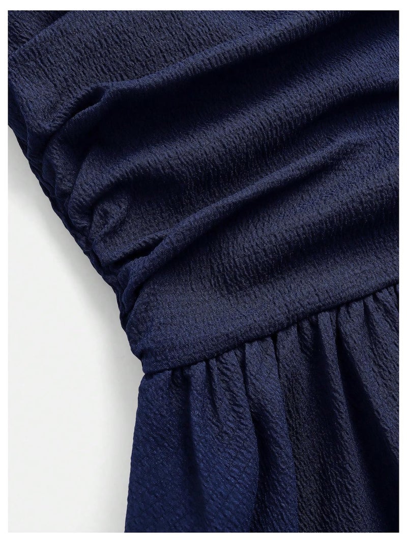 SHENHE Girl's Smocked Ruched A Line Swing Dress Layered Tie Shoulder Flowy Cami Short Dress Dark Blue 13 Years - Image 4