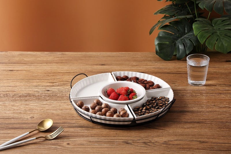 Dove 6-Piece Round Porcelain Section Platter Set W/Metal Stand White/Black, Sizes 4xPlates 9.25 Inch, 1xBowl 6 Inch