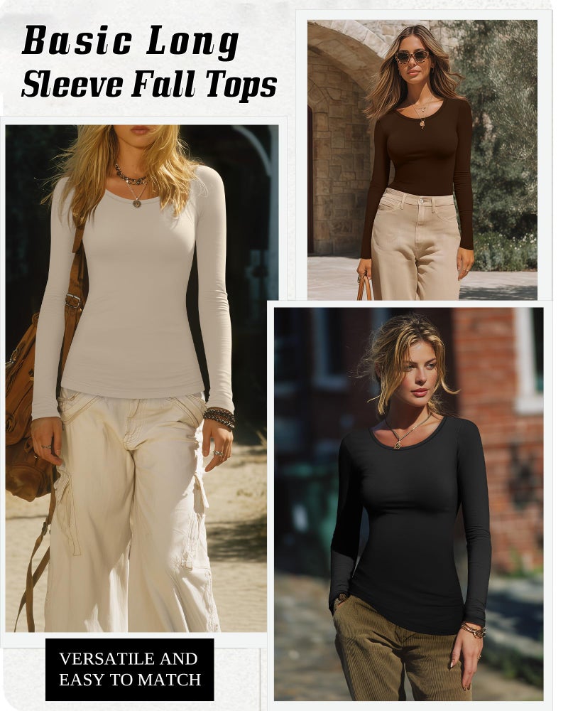 Riyiper 3 Pack Women's Long Sleeve Shirts Scoop Neck Tight Slim Fit Tops Casual Stretchy Basic Tee Layer Undershirts(Black, Cream, Dark Brown,Small) - Image 3