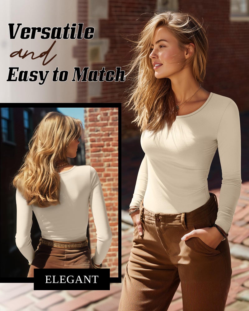 Riyiper 3 Pack Women's Long Sleeve Shirts Scoop Neck Tight Slim Fit Tops Casual Stretchy Basic Tee Layer Undershirts(Black, Cream, Dark Brown,Small) - Image 2