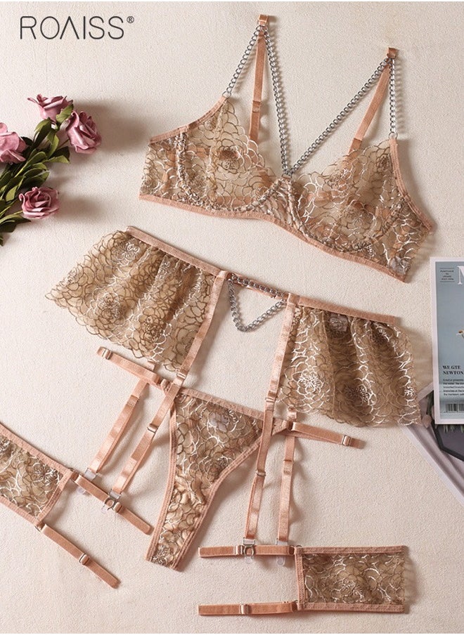 roaiss 5-Piece Women'S  Underwear Mesh Chain Spliced Steel Hoop Bra With Adjustable Shoulder Straps And No Chest Pads High Waisted Thong And Garter With Leg Loop Link Design  - Image 1