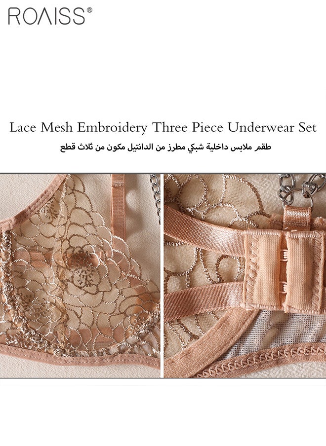 roaiss 5-Piece Women'S  Underwear Mesh Chain Spliced Steel Hoop Bra With Adjustable Shoulder Straps And No Chest Pads High Waisted Thong And Garter With Leg Loop Link Design  - Image 2