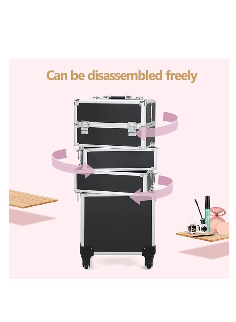 3-layer pink professional cosmetics case,portable rolling cosmetics trolley case,lockable jewelry travel cosmetics storage box with 4 wheels - Image 5