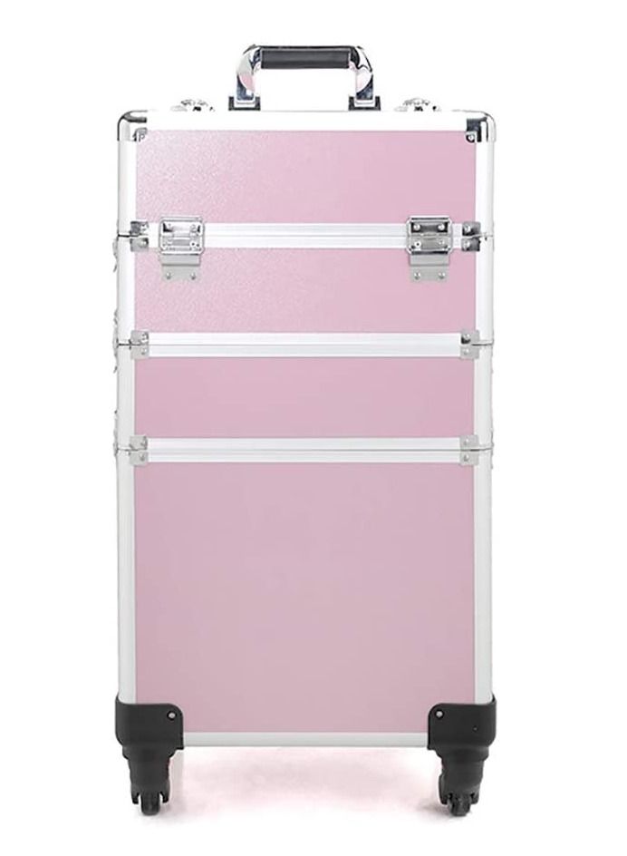 3-layer pink professional cosmetics case,portable rolling cosmetics trolley case,lockable jewelry travel cosmetics storage box with 4 wheels - Image 1