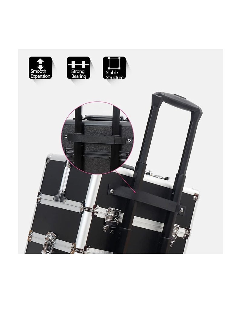 3-layer pink professional cosmetics case,portable rolling cosmetics trolley case,lockable jewelry travel cosmetics storage box with 4 wheels - Image 4