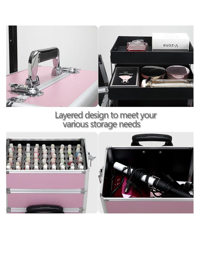 3-layer pink professional cosmetics case,portable rolling cosmetics trolley case,lockable jewelry travel cosmetics storage box with 4 wheels - Image 3