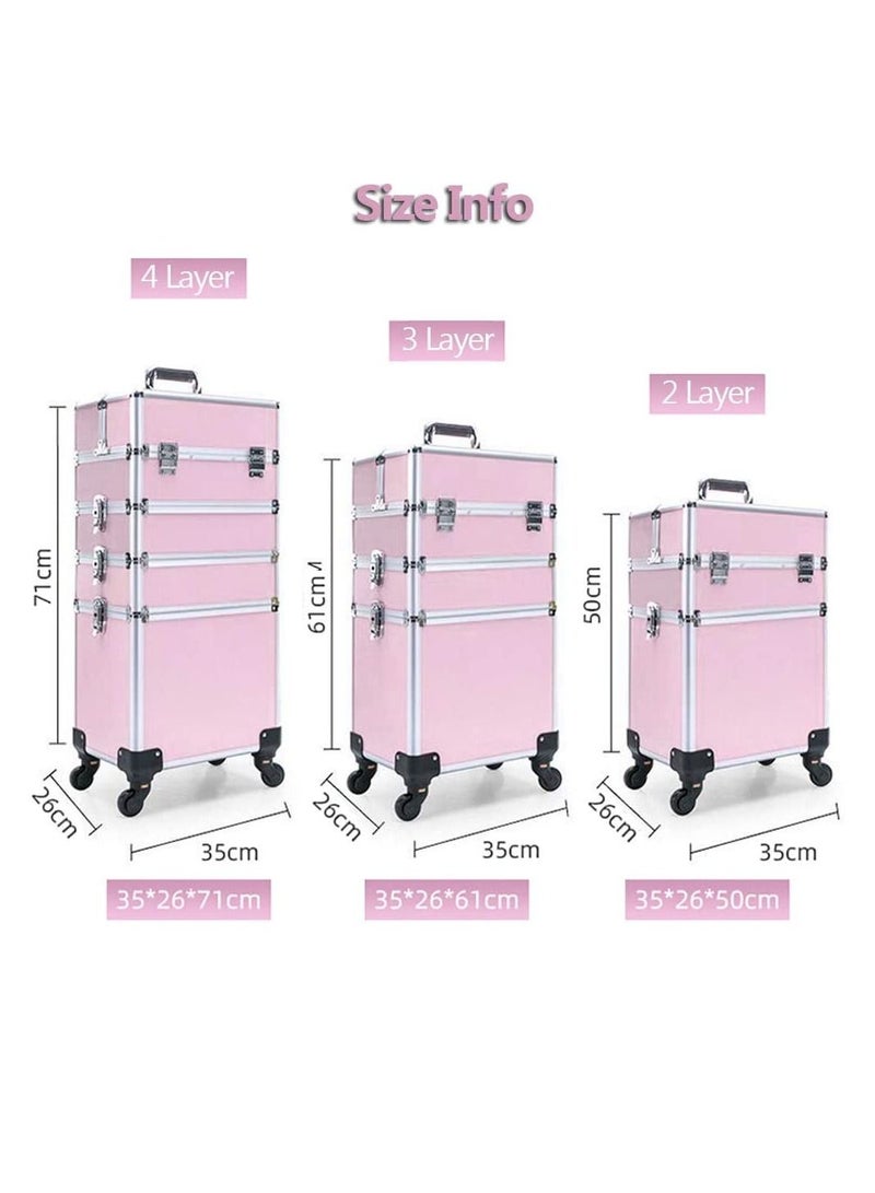 3-layer pink professional cosmetics case,portable rolling cosmetics trolley case,lockable jewelry travel cosmetics storage box with 4 wheels - Image 2