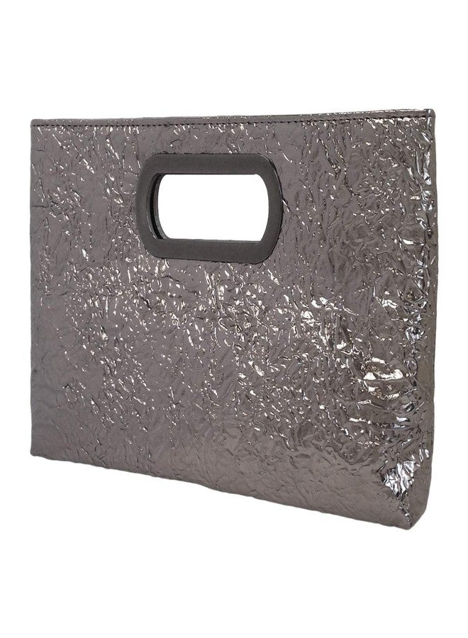 JNB Crushed Metallic Top Handle Clutch, Pewter - Image 2