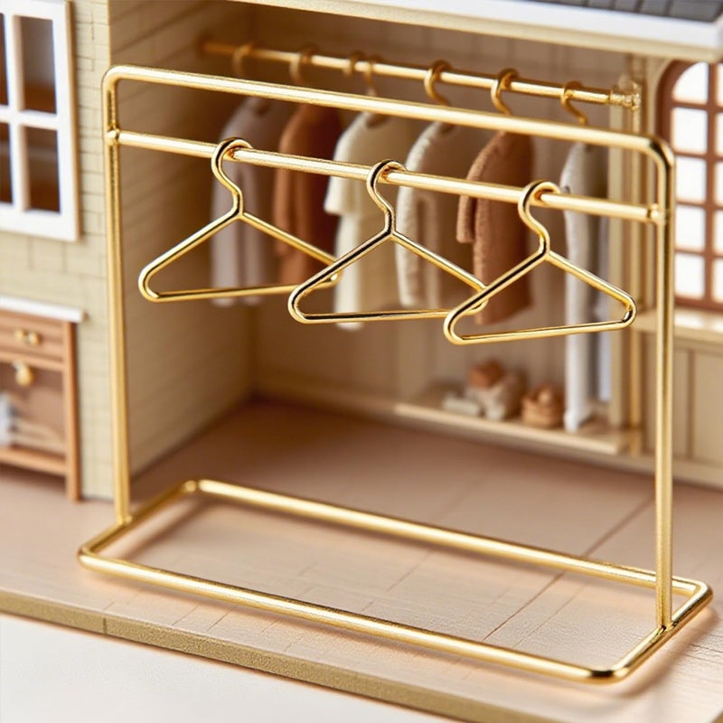 Minamzee 112 Dollhouse Metal Garment Rack Set with 3Pcs Gold Clothes Hangers Dollhouse Mini Clothes Storage Furniture Accessories for BedroomLiving RoomShower Supplies - Image 3