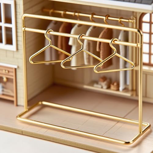 Minamzee 112 Dollhouse Metal Garment Rack Set with 3Pcs Gold Clothes Hangers Dollhouse Mini Clothes Storage Furniture Accessories for BedroomLiving RoomShower Supplies - Image 1