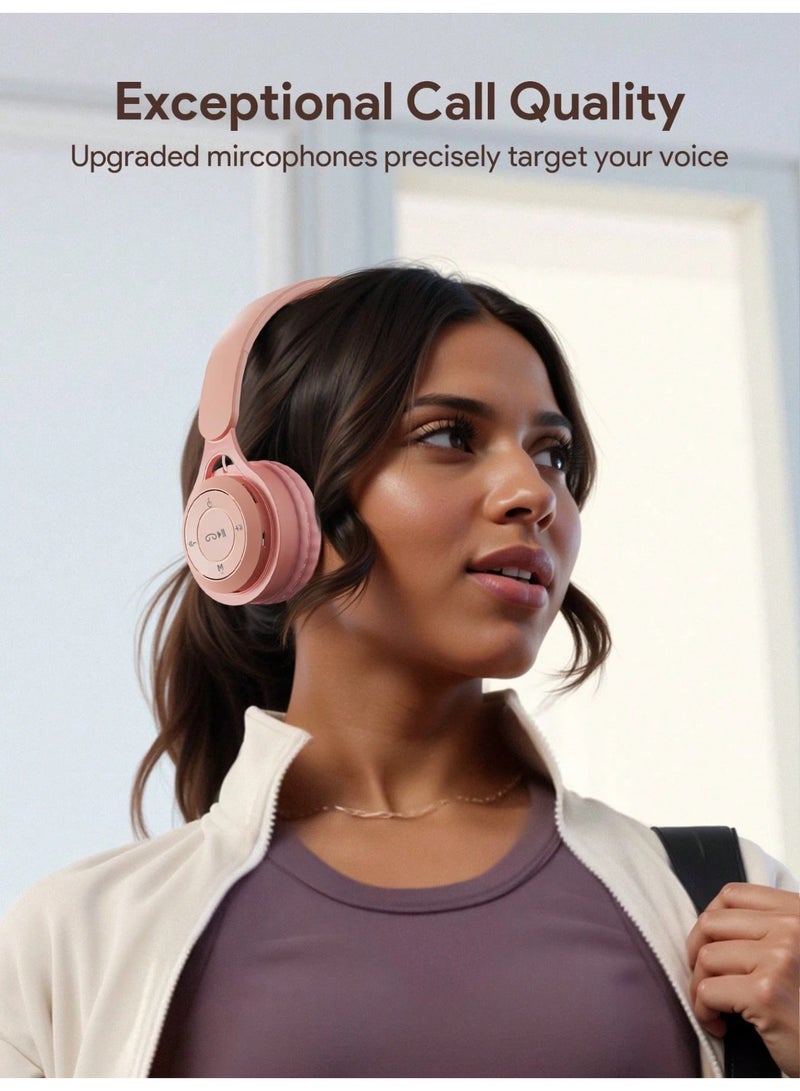 Wireless Headphones, Foldable Stereo Headset with Soft Ear Cushions, Built-in Mic, Deep Bass Sound, Music & Call Control, TF Card and AUX Support, Lightweight Headphones for Travel, Study and Daily Use, Pink - Image 2