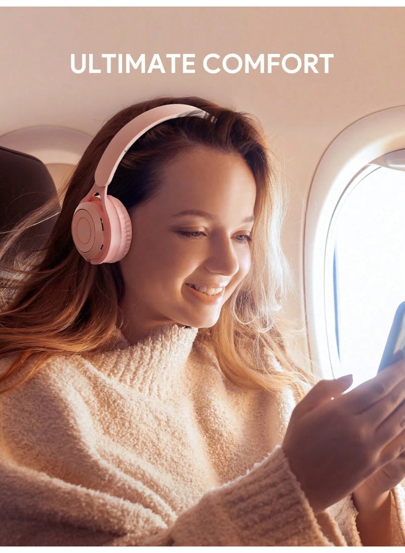 Wireless Headphones, Foldable Stereo Headset with Soft Ear Cushions, Built-in Mic, Deep Bass Sound, Music & Call Control, TF Card and AUX Support, Lightweight Headphones for Travel, Study and Daily Use, Pink - Image 3
