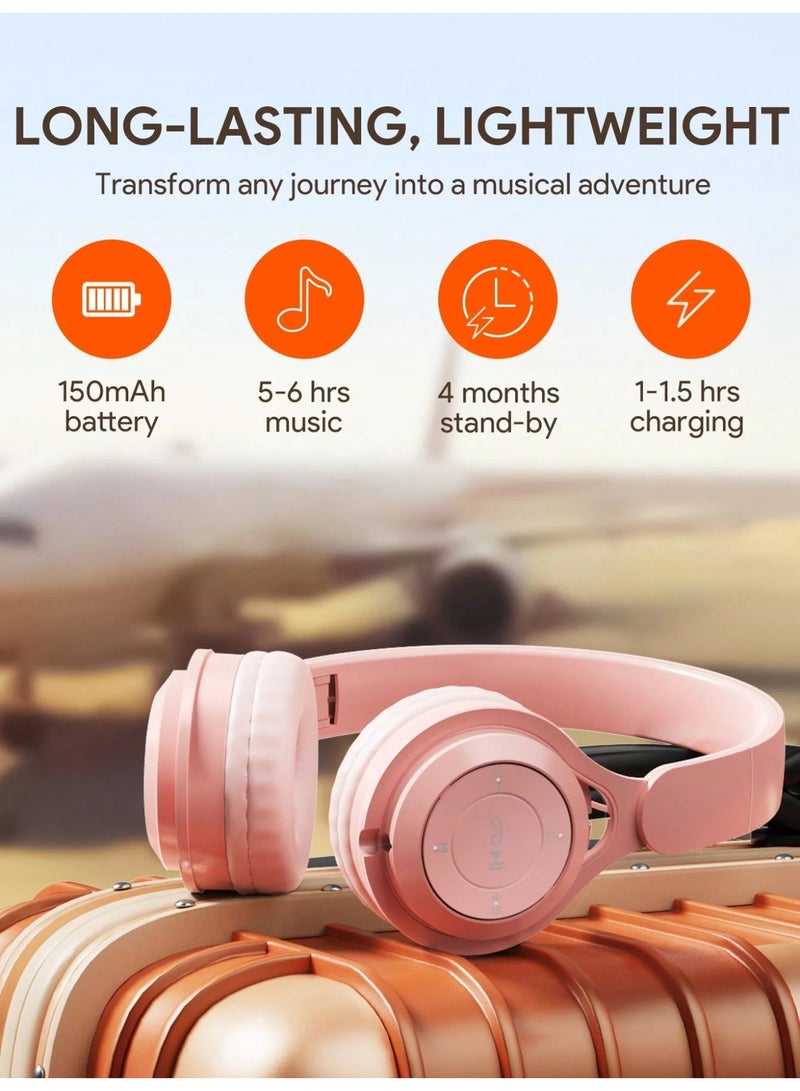 Wireless Headphones, Foldable Stereo Headset with Soft Ear Cushions, Built-in Mic, Deep Bass Sound, Music & Call Control, TF Card and AUX Support, Lightweight Headphones for Travel, Study and Daily Use, Pink - Image 5