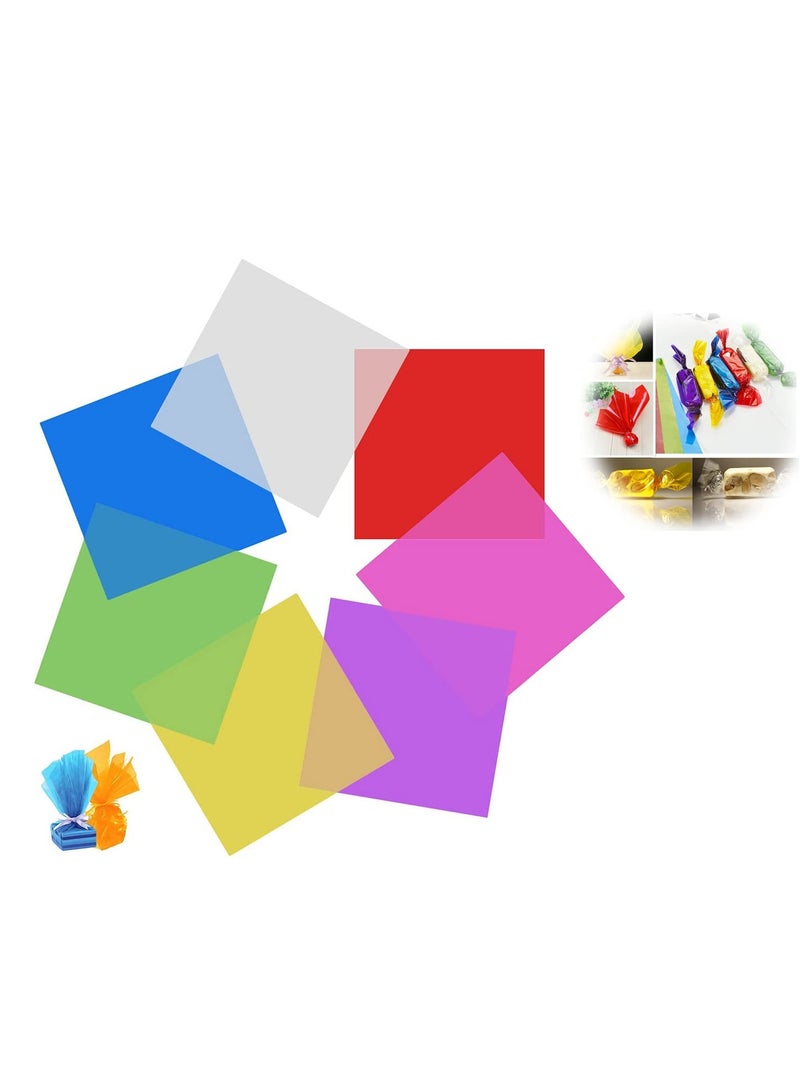 SOLARAE Treats Candy Wrapping Party Supplies, 120 Pcs Colored Cellophane Wrap Cellophane Sheets with Twist Ties Cello Wraps Colorful Transparency Sheet for DIY Arts and Crafts 6x6 Inches - Image 1