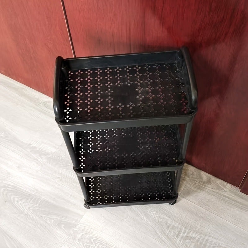 3-Tier Rolling Utility Cart with 360° Wheels & Handle - Thickened Plastic Storage Shelf for Living Room, Bedroom, Bathroom, Kitchen - Includes Hooks - Image 1