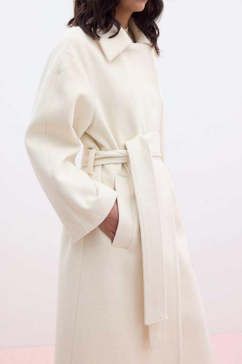 Plain Closure Cashmere Coat Ecru