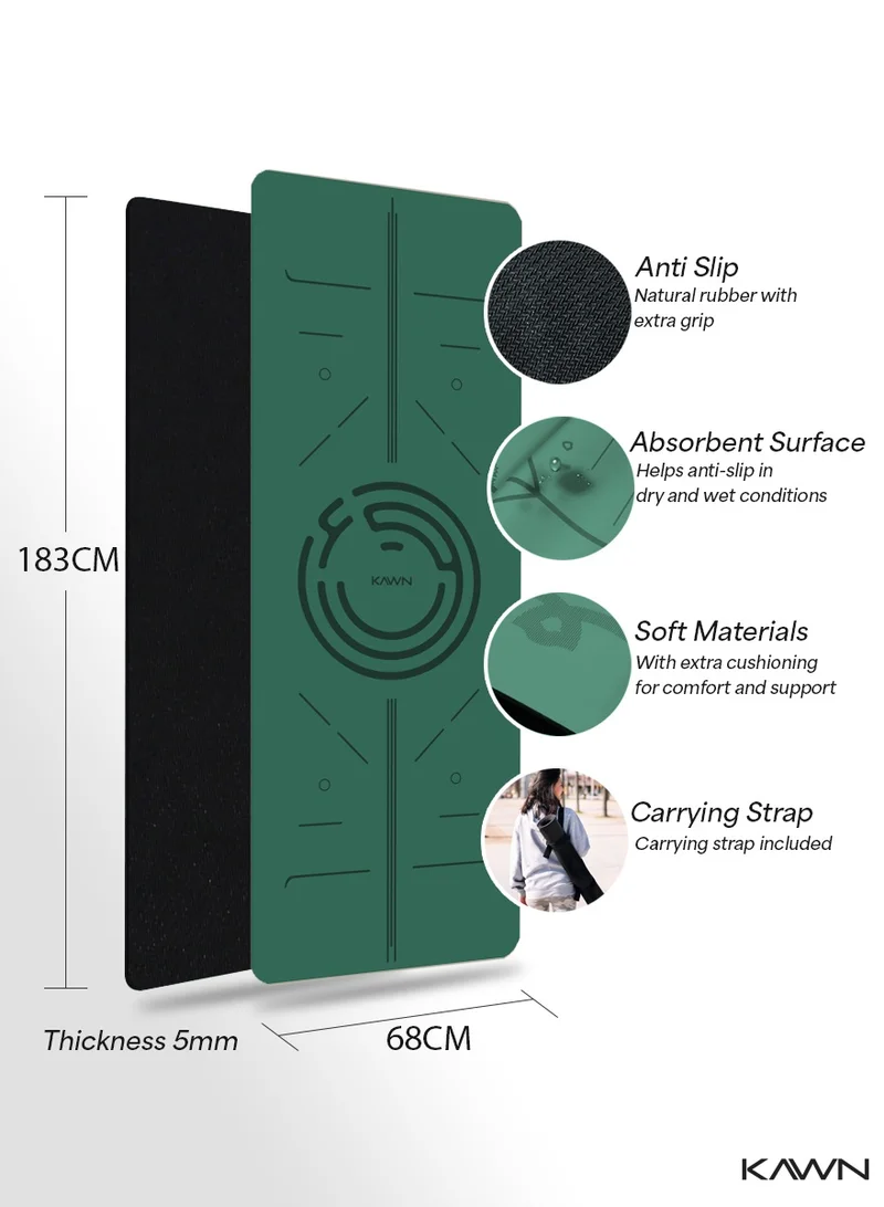 KAWN.YOGA Green Mat. Non-Slip. Strap Included. High Performance Material Exercise Mat Ideal For Hiit, Plates, Yoga And Other Workouts