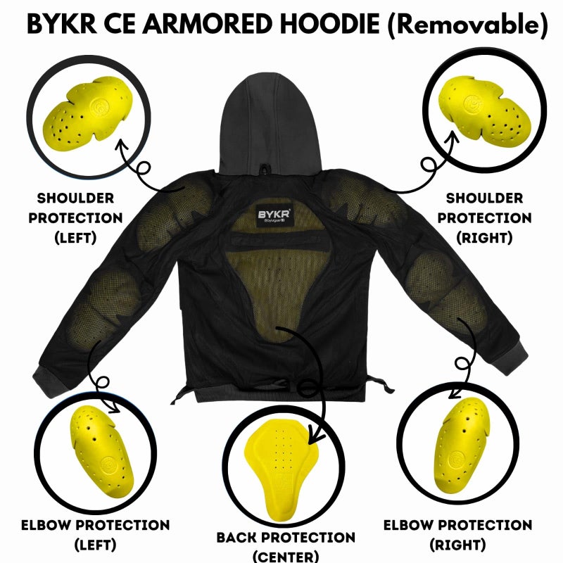BYKR Motorcycle Hoodie for Men & Women Biker Motorcycle Jackets Breathable Motorbike Riding Sweatshirt All Weather CE Armored (Black,L), Large - Image 4