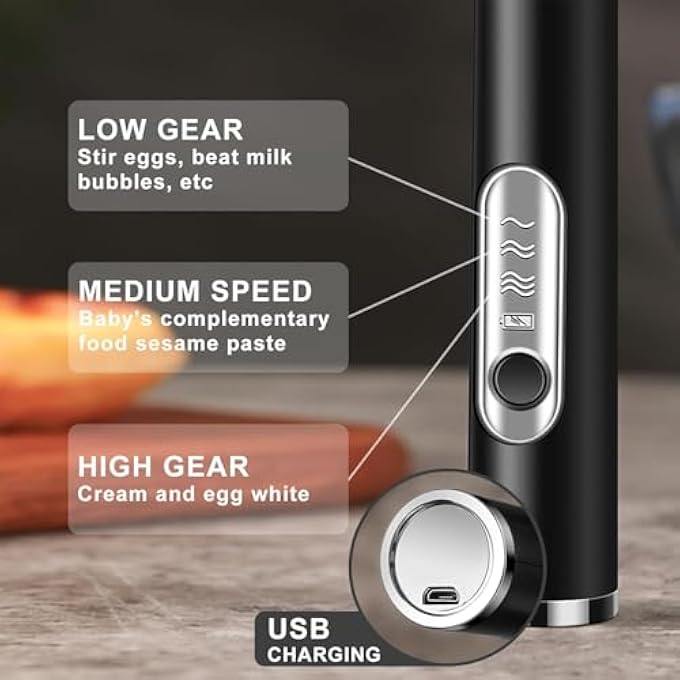 HIKKY Handheld Milk Frother Electric Coffee Milk Frother Rechargeable Egg Beater TwoEnd Replaceable Stainless Steel Stirring Rod ThreeSpeed Automatic Stirring With StandBlack - Image 4