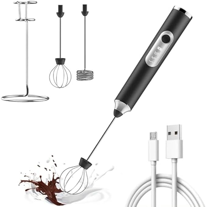 HIKKY Handheld Milk Frother Electric Coffee Milk Frother Rechargeable Egg Beater TwoEnd Replaceable Stainless Steel Stirring Rod ThreeSpeed Automatic Stirring With StandBlack - Image 1