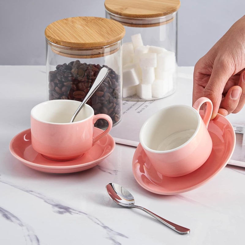 Meichu Stackable Espresso Cups and Saucers Set with Stainless Steel Spoons for 4 25oz Ceramic Demitasse Cups Durable Porcelain Coffee Cups for Hot Drinks Tea GiftsPink - Image 5