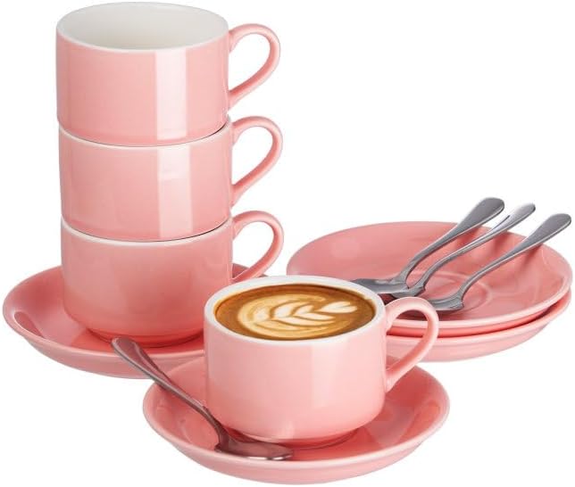 Meichu Stackable Espresso Cups and Saucers Set with Stainless Steel Spoons for 4 25oz Ceramic Demitasse Cups Durable Porcelain Coffee Cups for Hot Drinks Tea GiftsPink - Image 1