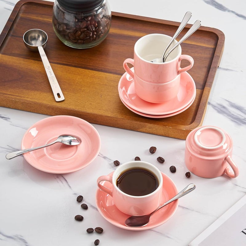 Meichu Stackable Espresso Cups and Saucers Set with Stainless Steel Spoons for 4 25oz Ceramic Demitasse Cups Durable Porcelain Coffee Cups for Hot Drinks Tea GiftsPink - Image 3